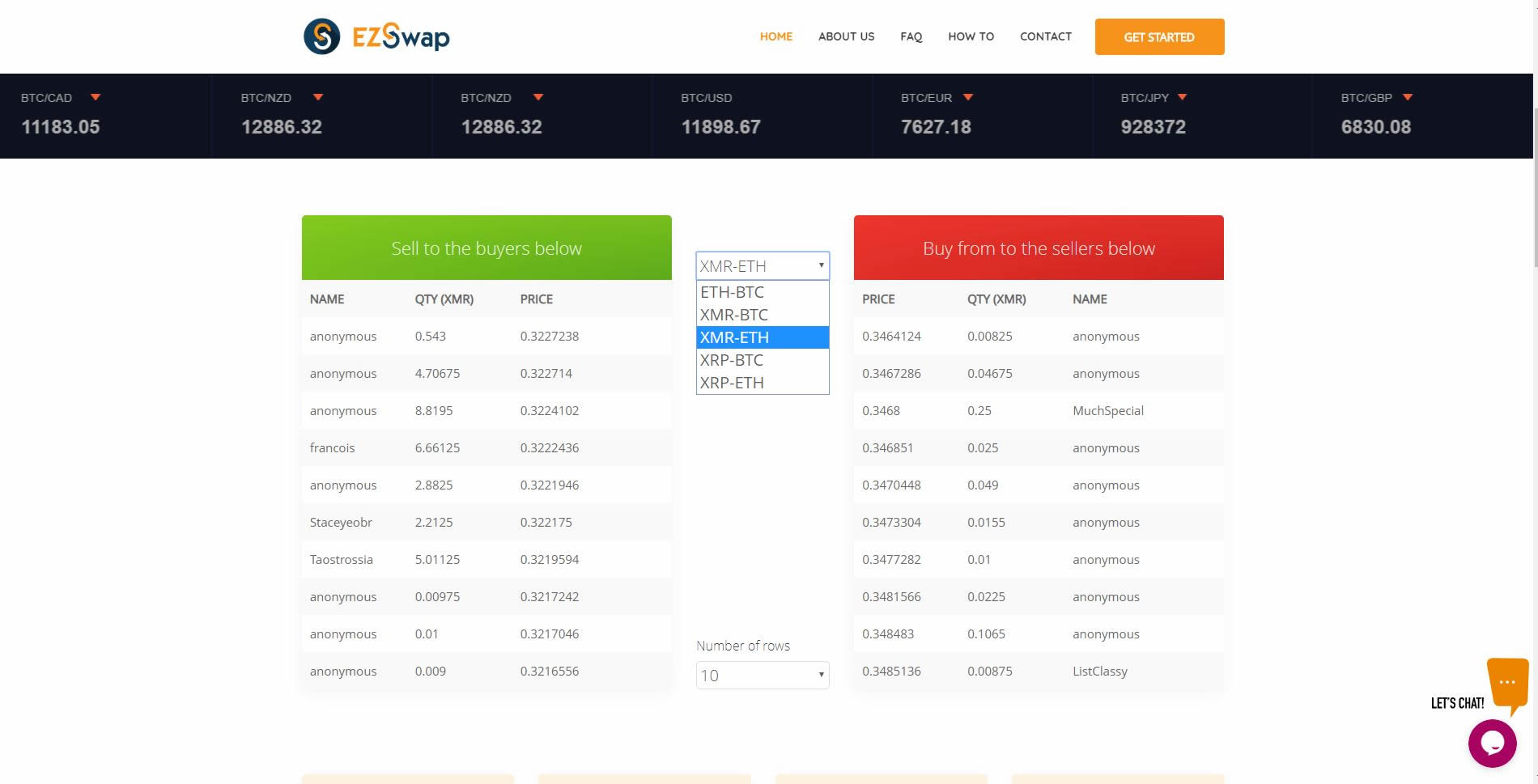 Click on the coin select bar to choose and exchange pair