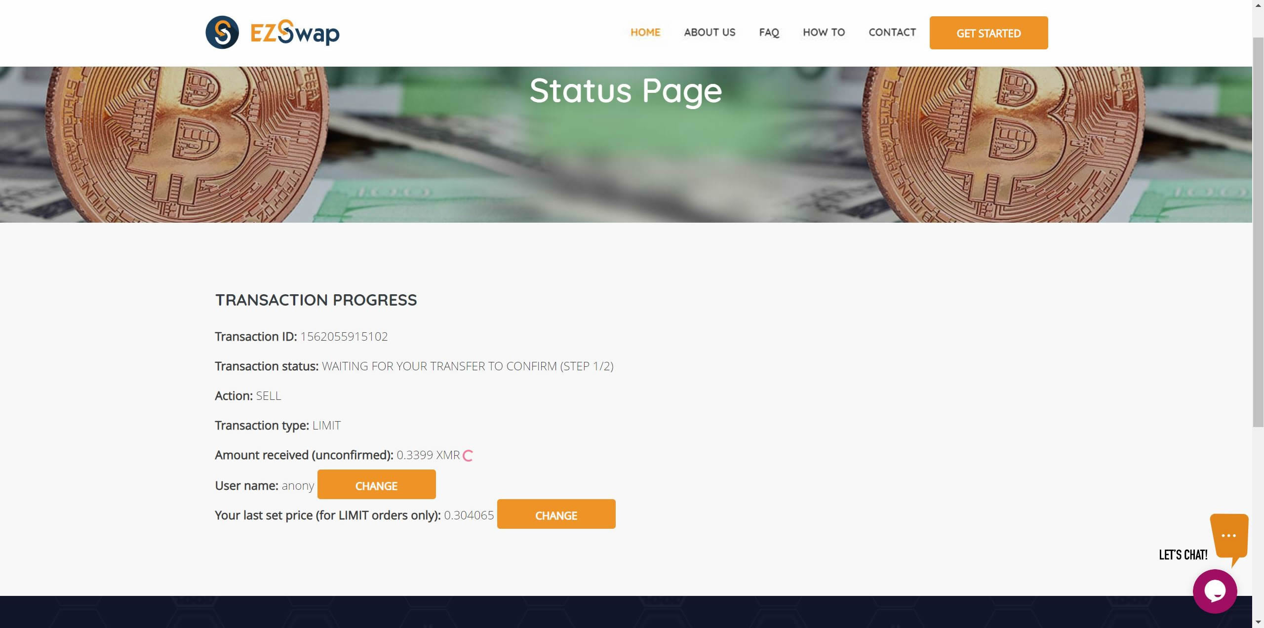 Transaction progress page